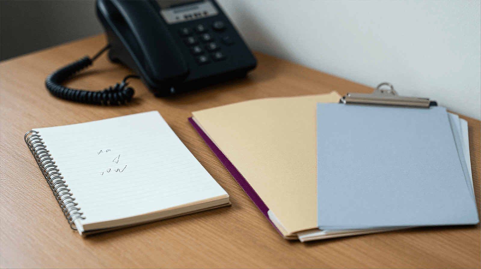 Close-up van een werkhoek met notitieblok, telefoon en paarse bladwijzer; verbeeldt een MKB-werkplek waar verschillende systemen naast elkaar lopen.