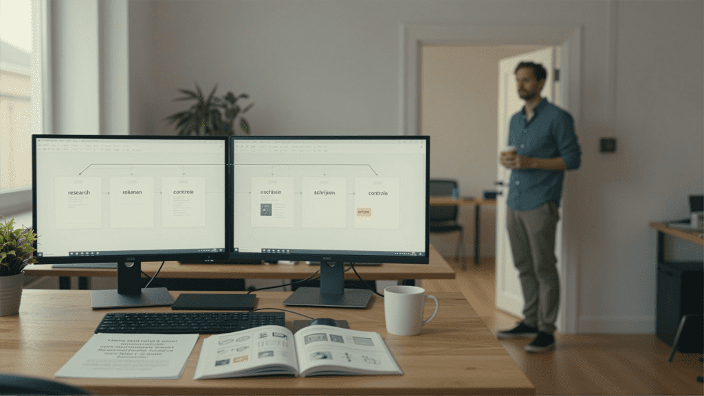 Schematische lijntekening van vier AI-agents — research, rekenen, schrijven, controle — die in volgorde een document doorgeven, met een orchestrator bovenaan die de coördinatie regelt.
