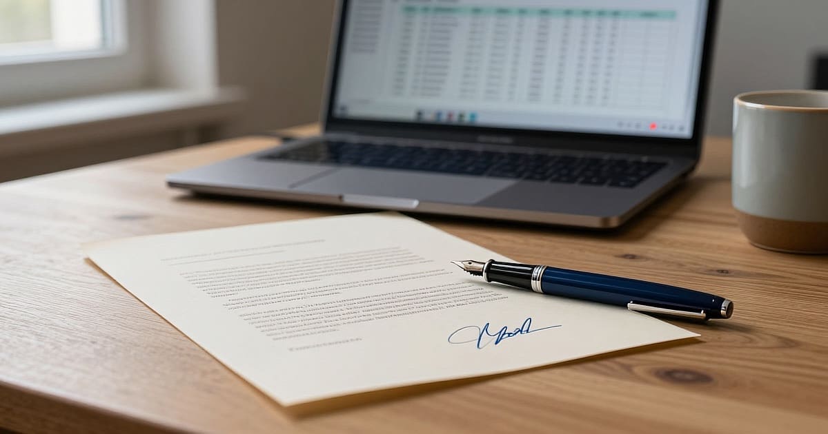 Vulpen op geparafeerd contract met audit-logboek op laptop in nuchter daglicht