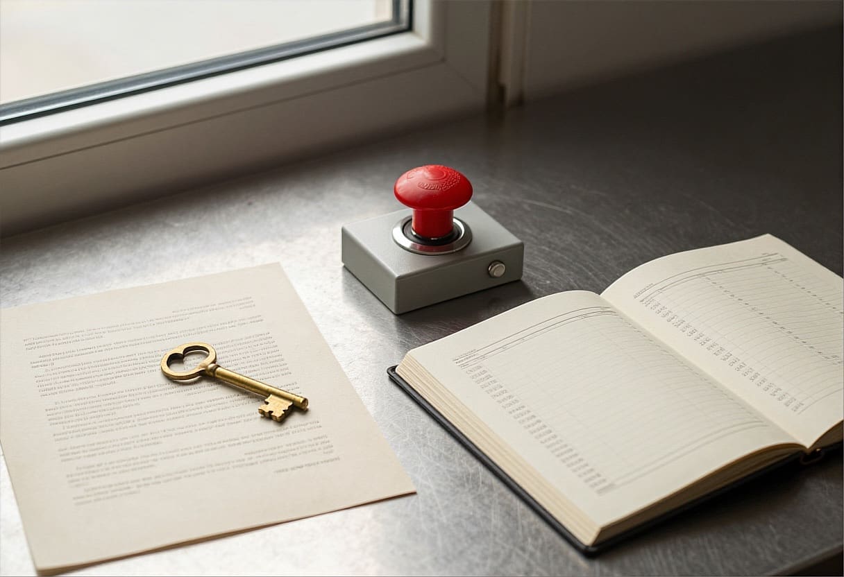 Sleutel, open logboek en rode noodstop op grijs paneel — autonomie, audit trail en kill-switch in driehoekscompositie